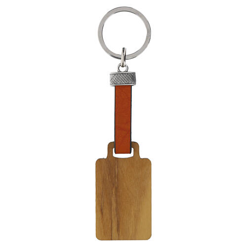 Porte-clés orange « Pax et Bonum » Monastère des Clarisses avec insert en bois d'olivier et cuir 3