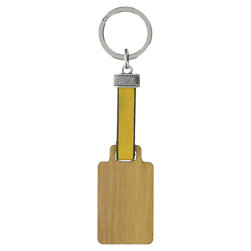 Yellow St. Francis Keychain with Olive Wood and Leather Detail, Clarisse Monastery 3
