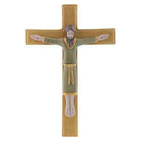 Pinton bas-relief crucifix with Jesus Christ dressed in green tunic on golden cross 25X17 cm