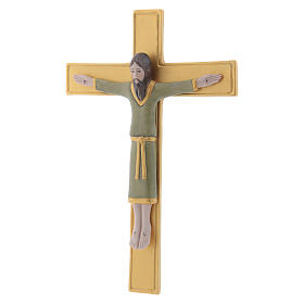 Pinton bas-relief crucifix with Jesus Christ dressed in green tunic on golden cross 25X17 cm