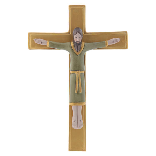 Pinton bas-relief crucifix with Jesus Christ dressed in green tunic on golden cross 25X17 cm 1