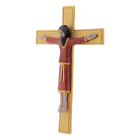 Baixo-relevo Pinton porcelana crucifixo túnica vermelha cruz dourada 25x17 cm