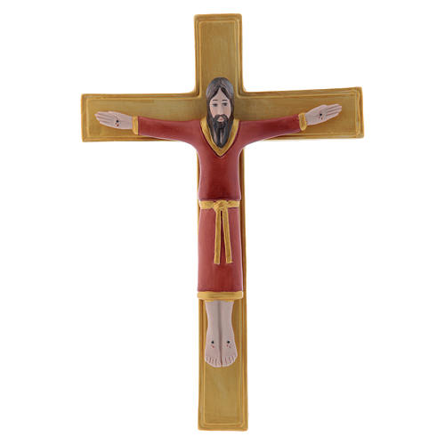 Baixo-relevo Pinton porcelana crucifixo túnica vermelha cruz dourada 25x17 cm 1