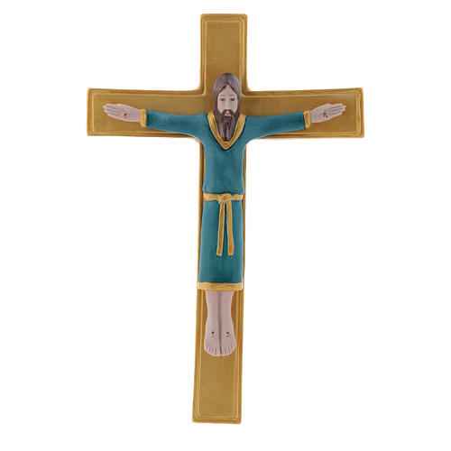 Pinton bas-relief in porcelain Jesus Christ on golden cross dressed with a light blue tunic 25X17 cm 1