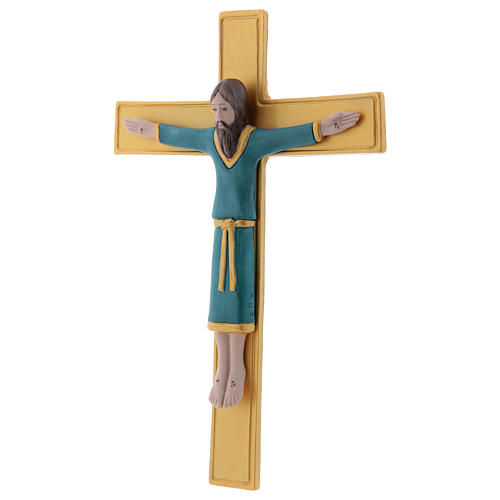 Pinton bas-relief in porcelain Jesus Christ on golden cross dressed with a light blue tunic 25X17 cm 2
