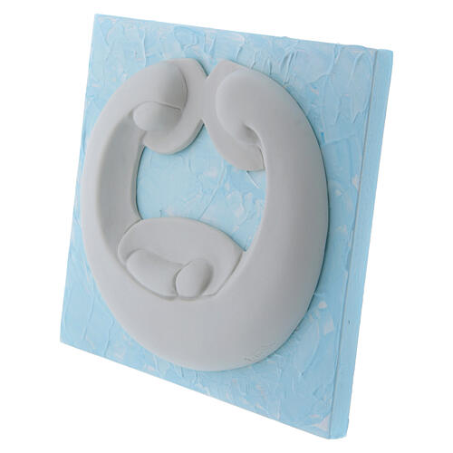 Flachrelief Heilige Familie aus weißer Porzellan von Pinton auf hellblauem Paneel 15x17 cm 2