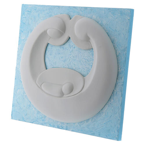 Flachrelief Pinton Heilige Familie weißes Porzellan auf hellblauem Paneel 22x25 cm 2