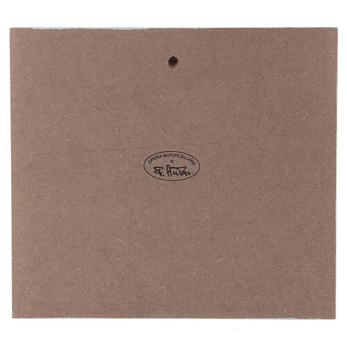 Flachrelief Pinton Heilige Familie weißes Porzellan auf hellblauem Paneel 22x25 cm 3