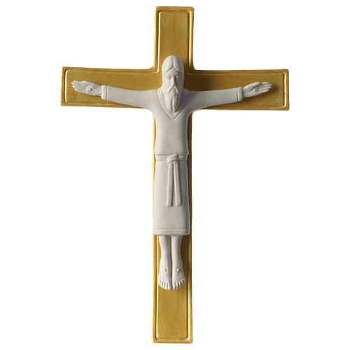 Crucifijo con túnica 25 cm porcelana blanca cruz dorada Pinton 1