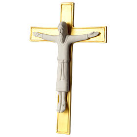 Crucifixo com túnica 25 cm porcelana branca cruz dourada Pinton
