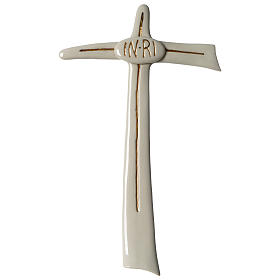 Tau cross in polished porcelain with golden design 12x7 in by Francesco Pinton