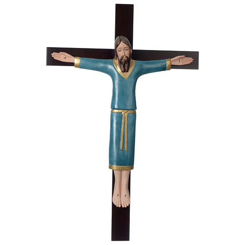 Crucifix in porcelain on mahogany cross, light blue 65x42 Francesco Pinton 1