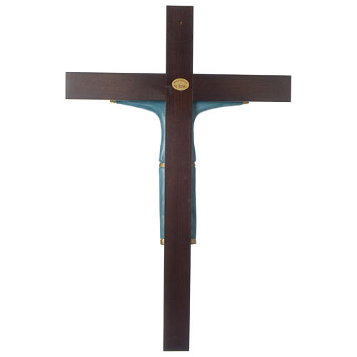 Crucifix in porcelain on mahogany cross, light blue 65x42 Francesco Pinton 4