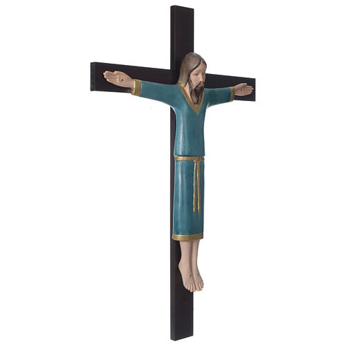 Crucifix décoré bleu croix acajou porcelaine 65x42 cm Pinton 3