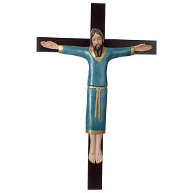 Crocifisso decorato azzurro croce mogano porcellana 65x42 cm Pinton