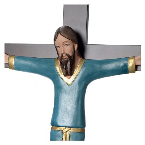 Porcelain Crucifix with mahogany cross, light blue 25x16 in by Francesco Pinton 2