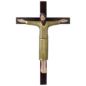 Crucifix décoré vert croix acajou porcelaine 65x42 cm Pinton