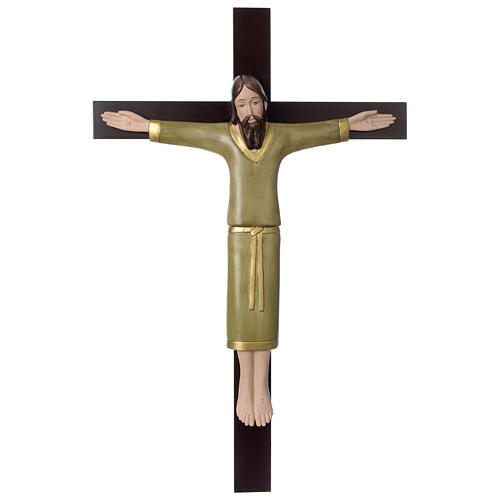 Crucifix décoré vert croix acajou porcelaine 65x42 cm Pinton 1
