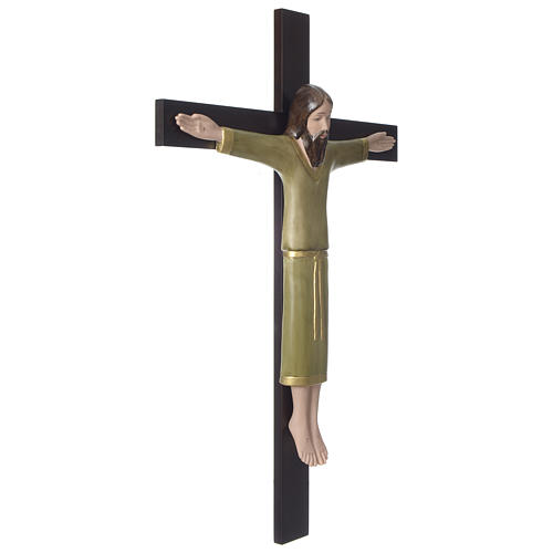 Crucifix décoré vert croix acajou porcelaine 65x42 cm Pinton 3