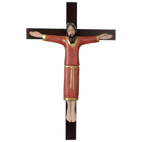 Crucifix décoré rouge croix acajou porcelaine 65x42 cm Pinton 1