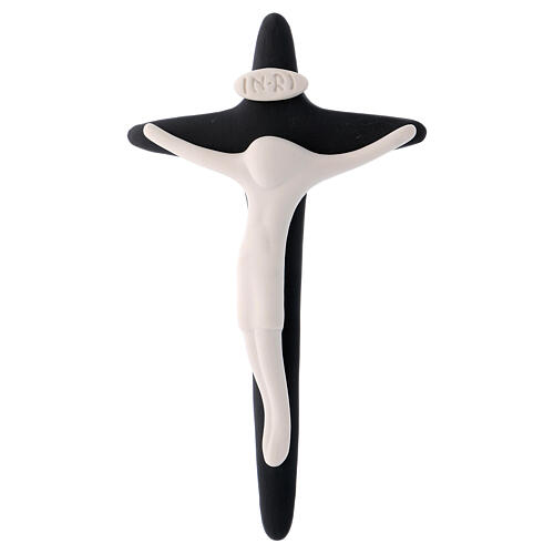 Stilisierter Kruzifix in Weiß auf schwarzer Porzellankreuz 20x10 cm Pinton 1