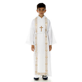 Túnicas Primeira Comunhão: Veste Primeira Comunhão escapulário bordas ouro Túnicas Primeira Comunhão: Veste Primeira Comunhão escapulário bordas ouro