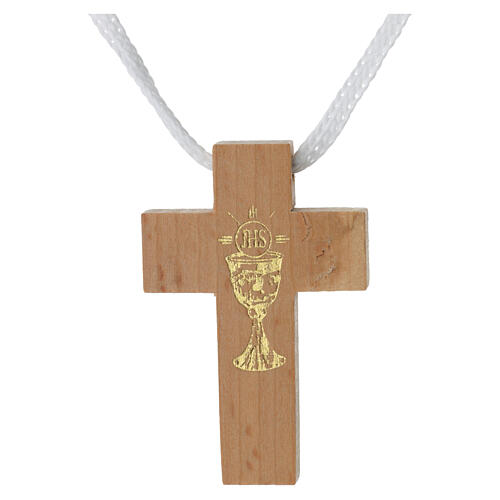 Holzkreuz für Erstkommunion mit Kelchmotiv 1