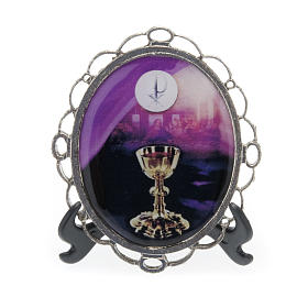 Religiöse Geschenke: Kleines Bild aus Metall Kelch und Hostie mit Gestell