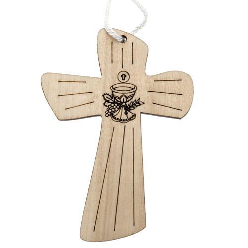 Cross first communion wood with chalice and host, 9,8x7,2cm. 1