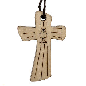 Holzkreuz für Erstkommunion mit Kelch- und Hostienmotiv 4,1x2,7 cm