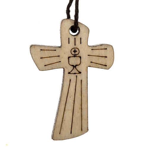 Holzkreuz für Erstkommunion mit Kelch- und Hostienmotiv 4,1x2,7 cm 1