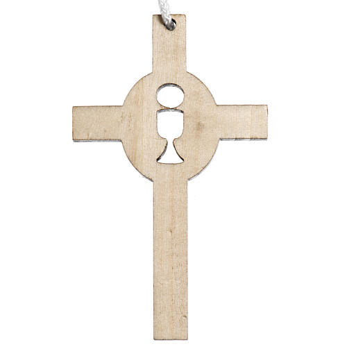 helles Holzkreuz für Erstkommunion durchbrochen gearbeitet, Motiv Kelch und Hostie 1