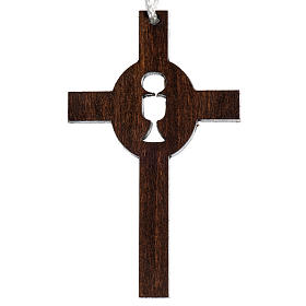 Cross first communion dark carved wood with chalice and host.