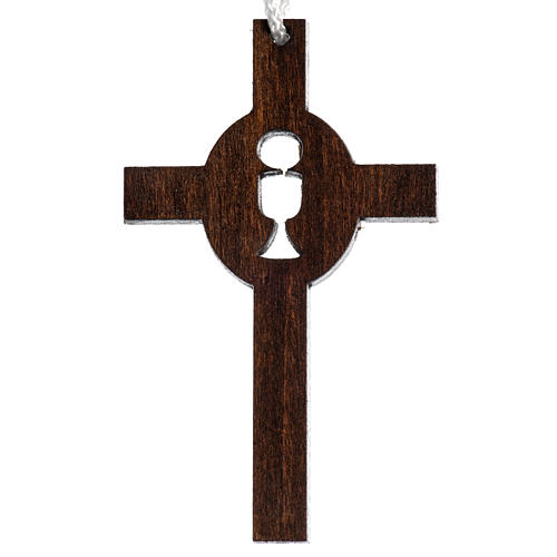 Cross first communion dark carved wood with chalice and host. 1