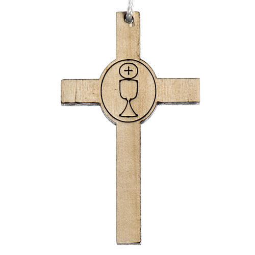 Holzkreuz für Erstkommunion Motiv Kelch und Hostie 1
