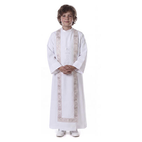 Aube Première Communion blanc scapulaire passementerie strass 1