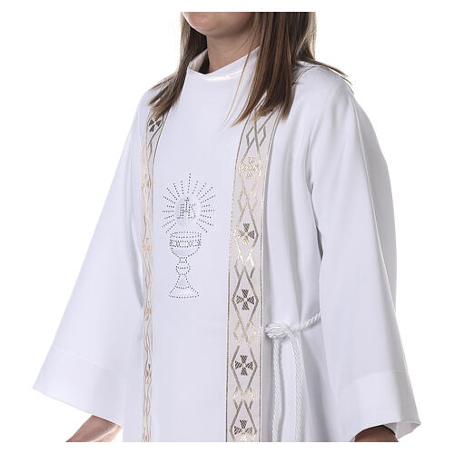 Aube Première Communion blanc scapulaire passementerie strass 5