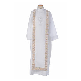 First Communion Albs: First Holy Communion alb with rhinestone on orphrey, white First Communion Albs: First Holy Communion alb with rhinestone on orphrey, white
