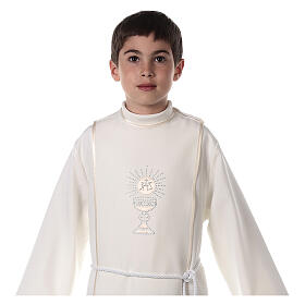 First Communion alb with satin sidelong and rhinestone, ivory