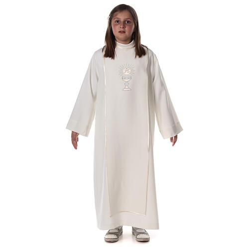 First Communion alb with satin sidelong and rhinestone, ivory 1