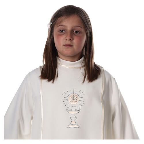 First Communion alb with satin sidelong and rhinestone, ivory 3