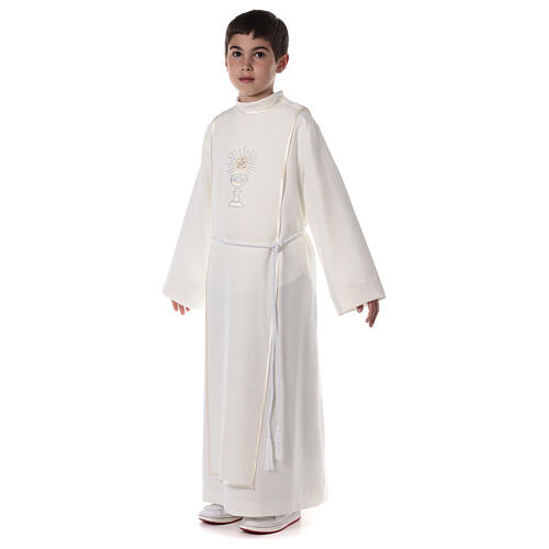 First Communion alb with satin sidelong and rhinestone, ivory 4