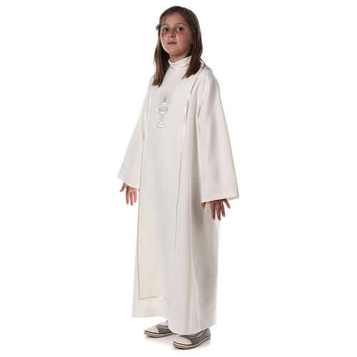First Communion alb with satin sidelong and rhinestone, ivory 5