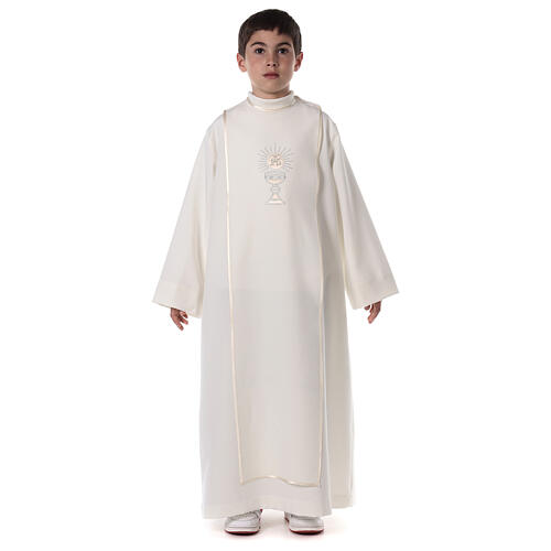 First Communion alb with satin sidelong and rhinestone, ivory 8