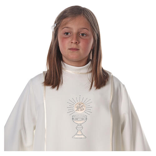 Aube Première Communion ivoire scapulaire biais en satin et strass 4