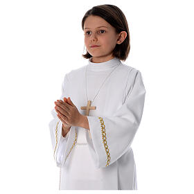 First Communion alb with pleats and braided border on hem and sleeves