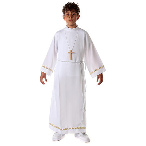 First Communion alb with pleats and braided border on hem and sleeves 3