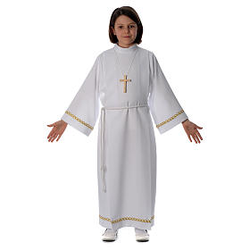 Aubes communion, profession de foi: Aube Première Communion plis et passementerie or bord et manches