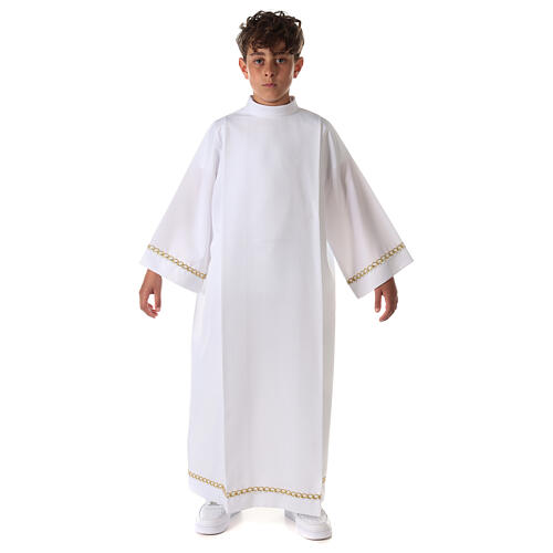 First Holy Communion alb with pleats and braided border on hem and sleeves 1
