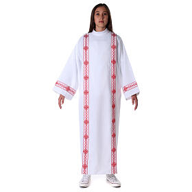 First Communion alb, pleated with red braided border and rhombuses on front and back
